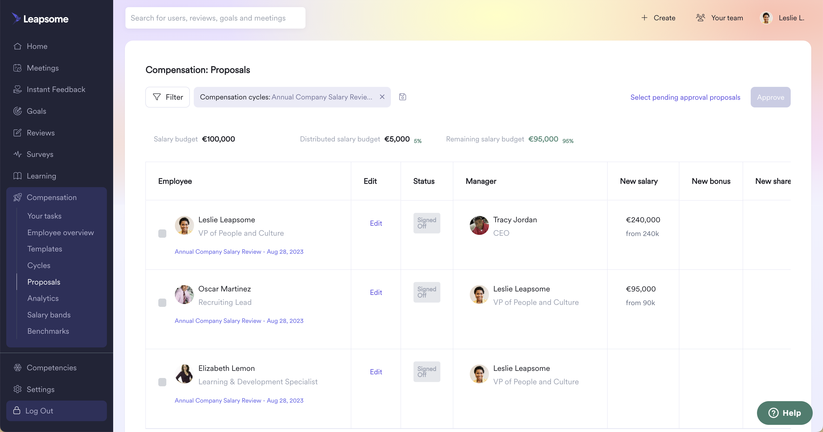 Proposal dashboard – Leapsome