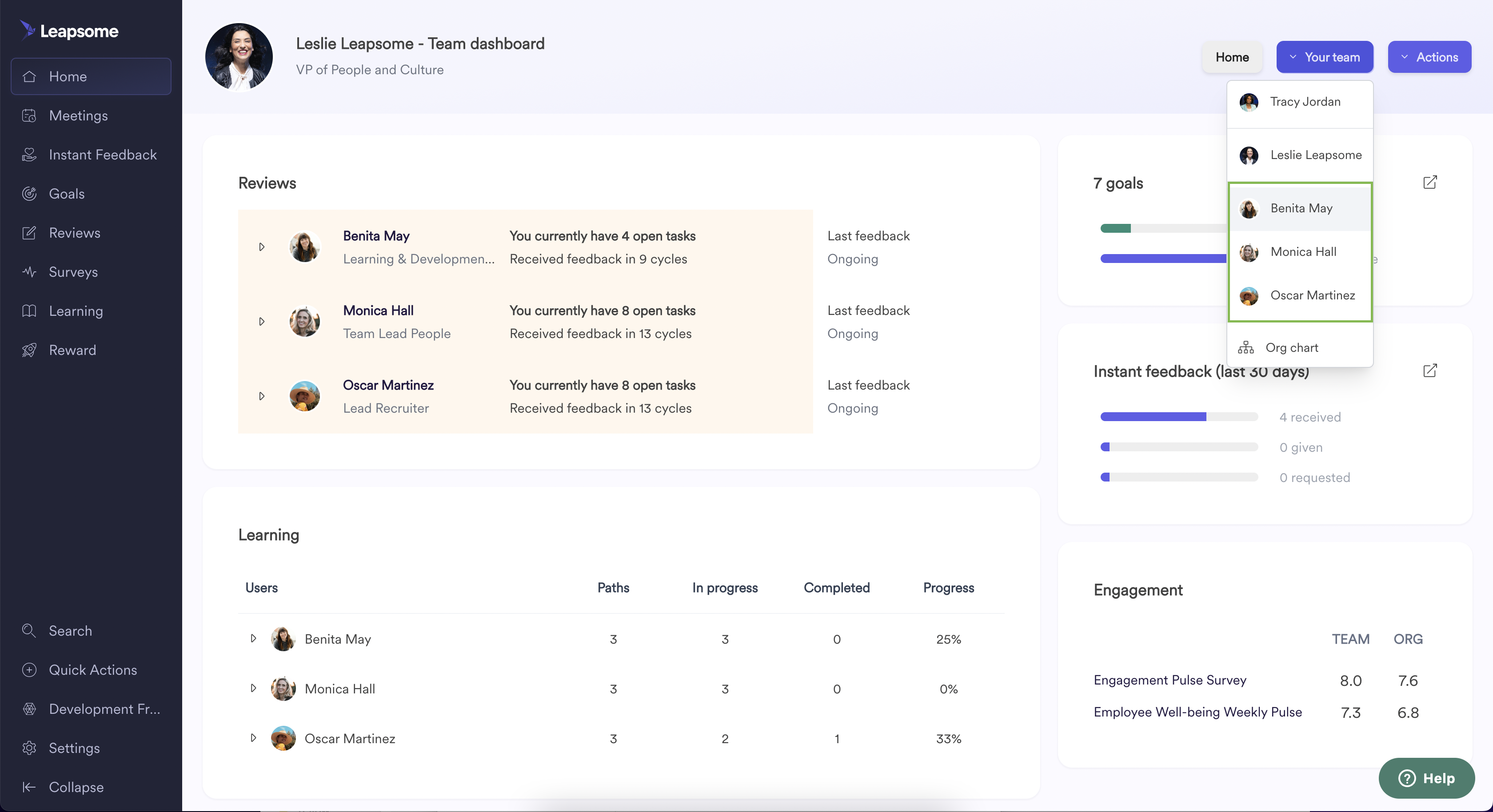 Utilizing the team dashboard – Leapsome